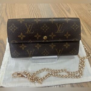 Louis Vuitton Dark Brown Monogram Sarah Wallet with Gold Chain